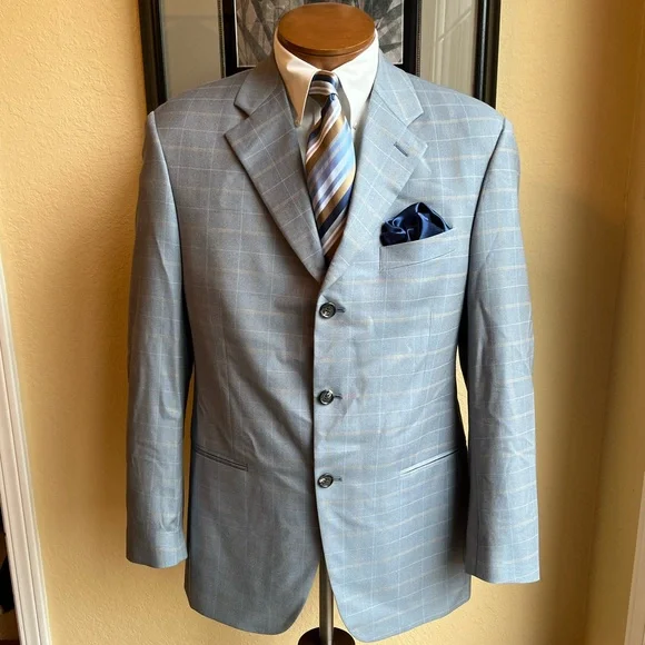 Marzotto Sartoriale Fine Italian Wool Light Blue Windowpane Jacket Size 40R